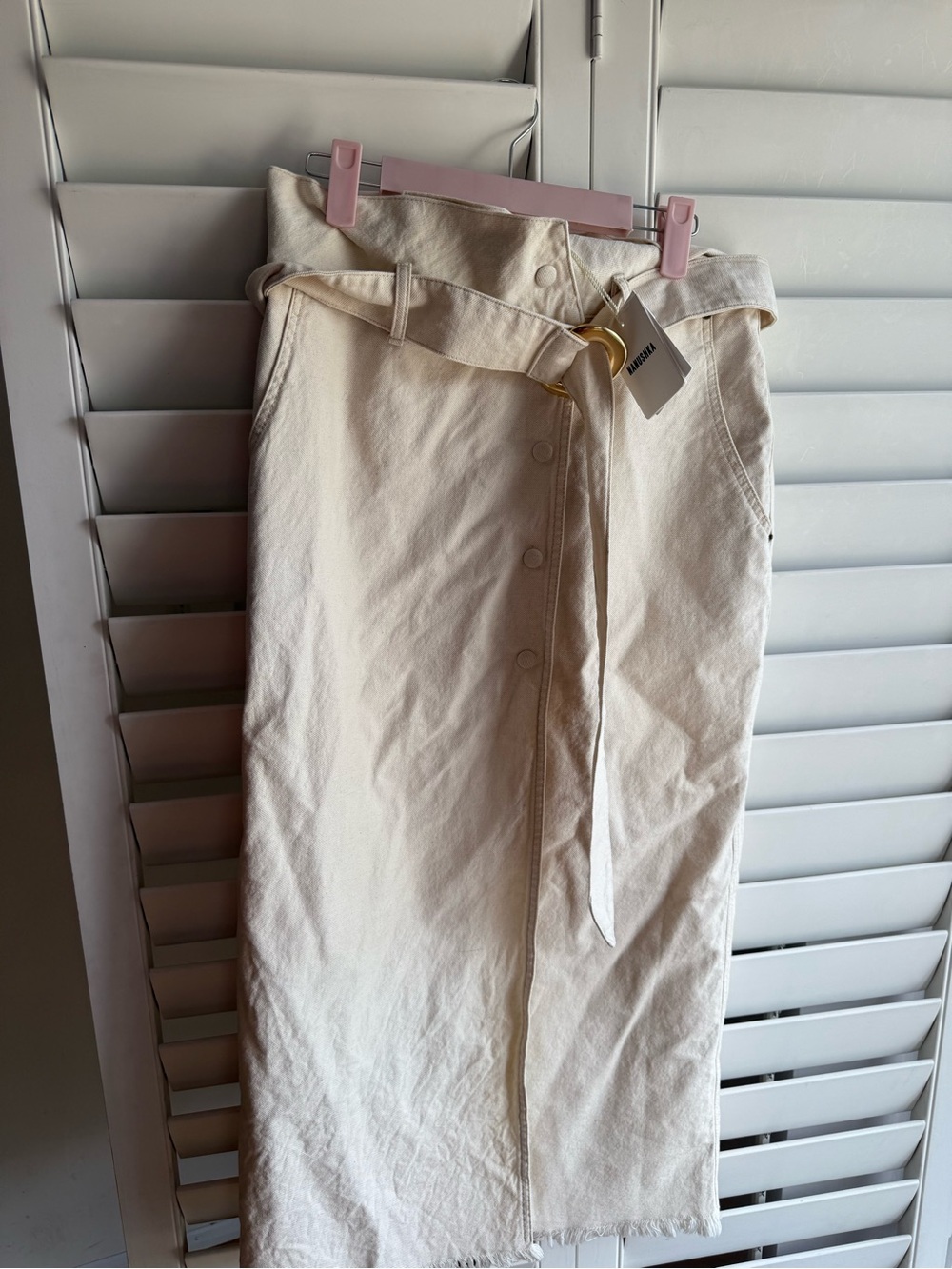 High-Waist Cream Button-Front Midi Skirt with Belt NWT